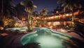 Luxury hotel with palm trees, poolside relaxation in twilight generated by AI Royalty Free Stock Photo