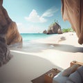Luxury Hotel on Tropical Coast with White Sand, Beautiful Wild Beach, Palm Trees, Sun, Sea, Generative AI Illustration Royalty Free Stock Photo
