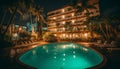 Luxury hotel with poolside palm trees, illuminated at dusk generated by AI Royalty Free Stock Photo