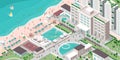 Luxury hotel resort with people, buildings and beach