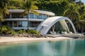 Luxury hotel on a tropical beach in Singapore, Photograph of large lagoon beach with minimalist architectural white slate beach