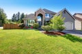 Luxury house exterior with brick and siding trim and double garage. Royalty Free Stock Photo