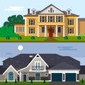 Luxury house exterior vector illustration in flat style design. Home facade and yard Royalty Free Stock Photo