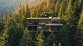 Luxury house in forest. Private helicopter on the roof of house. Ai Generative