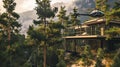 Luxury house in forest. Private helicopter on the roof of house. Ai Generative