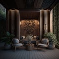 Luxury house has a modern and relaxing wooden area with walls, pillars, and a fence. The chairs are beautifully carved on the