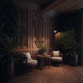 Luxury house has a modern and relaxing wooden area with walls, pillars, and a fence. The chairs are beautifully carved on the