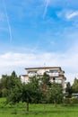 Luxury house in the mountains. villa in the background of the hills. mountain tourism concept. cottage under the Royalty Free Stock Photo