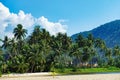 Luxury house on sandy beach with palms trees Royalty Free Stock Photo