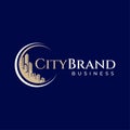 Luxury illustrative city skyscraper logo design. Elegance building moon logo.