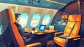 Luxury interior of business class airplane. Modern cartoon illustration with businessman working on notebook, orange Royalty Free Stock Photo