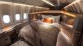 Luxury interior of business first class airplane or private jet with double bed in prive room.Macro.AI Generative