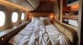 Luxury interior of business first class airplane or private jet with double bed in prive room.Macro.AI Generative Royalty Free Stock Photo