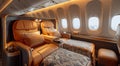 Luxury interior of business first class airplane or private jet with leather seats.Macro.AI Generative Royalty Free Stock Photo