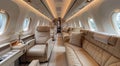 Luxury interior of business first class airplane or private jet with leather sofa and seats.Macro.AI Generative Royalty Free Stock Photo