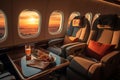 Luxury interior of a business jet. First class seats in commercial airlines plane. Sunset light in an aircraft