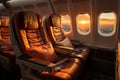Luxury interior of a business jet. First class seats in commercial airlines plane. Sunset light in an aircraft
