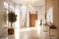 Luxury interior design of modern entrance hall with door and staircase in villa. Created with generative AI Royalty Free Stock Photo