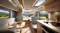 Luxury interior design of modern motorhome. Generative AI.