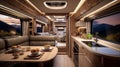 Luxury interior design of modern motorhome. Generative AI.