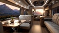 Luxury interior design of modern motorhome. Generative AI.