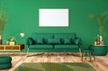 Luxury interior with green sofa, wooden commode, pouf, plants, carpet, gold decoration, mock up poster frame. Modern living room. Royalty Free Stock Photo