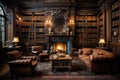 Luxury interior of the living room with a fireplace, leather armchairs and bookshelf, A classic Victorian era library with leather Royalty Free Stock Photo