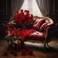 Luxury interior of the living room with a large bouquet of red roses. Royalty Free Stock Photo