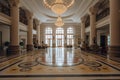 Luxury interior of a luxury hotel with marble floor and ceiling, A big and luxurious hotel lobby interior with beautiful Royalty Free Stock Photo