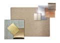 luxury interior material samples including brushed gold stainless, bronze and nickle silver aluminum, copper laminated.