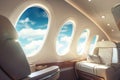Sunlit luxury interior of modern business jet with stunning aerial views, generative AI Royalty Free Stock Photo