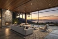Luxury Interior with Panoramic Windows and Sunset View Royalty Free Stock Photo