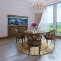 Luxury interior white wall and furniture brown chair classic dining room style, classic chandelier