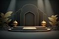 Luxury islamic ramadan podium stage product display green and gold frame AI Generated Royalty Free Stock Photo