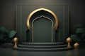 Luxury islamic ramadan podium stage product display green and gold frame AI Generated Royalty Free Stock Photo