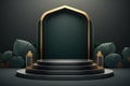 Luxury islamic ramadan podium stage product display green and gold frame AI Generated Royalty Free Stock Photo