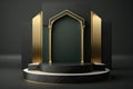 Luxury islamic ramadan podium stage product display green and gold frame AI Generated Royalty Free Stock Photo