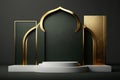 Luxury islamic ramadan podium stage product display green and gold frame AI Generated Royalty Free Stock Photo