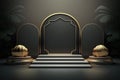 Luxury islamic ramadan podium stage product display green and gold frame AI Generated Royalty Free Stock Photo