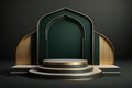 Luxury islamic ramadan podium stage product display green and gold frame AI Generated Royalty Free Stock Photo