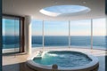 Luxury jacuzzi tub with colorful flower in water with sea and sky view