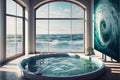 Luxury jacuzzi tub with colorful flower in water with sea and sky view