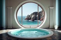 Luxury jacuzzi tub with colorful flower in water with sea and sky view