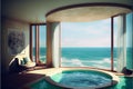 Luxury jacuzzi tub with colorful flower in water with sea and sky view