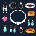 Luxury jewels set. Rings with diamonds and other jewelry. Vector illustrations in cartoon style Royalty Free Stock Photo