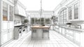 Luxury kitchen design sketch, garden view, home renovation plan Royalty Free Stock Photo