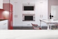 Luxury kitchen with marble table, red fridge blur Royalty Free Stock Photo
