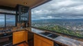 Luxury kitchen panoramic city view, storm clouds Royalty Free Stock Photo