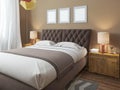 Luxury large modern double bed in the bedroom loft style.