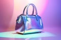 Luxury leather handbag on a purple background with neon light